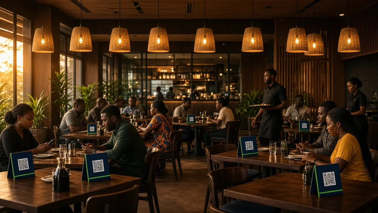 Guests at a restaurant with Nabata QR cards on the tables.