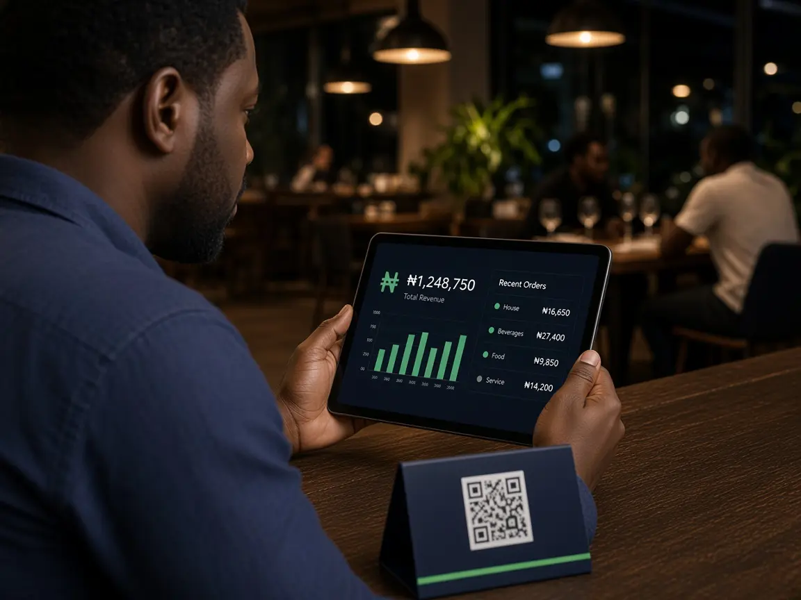 Restaurant owner checking tonight’s sales on a tablet beside a Nabata table card.