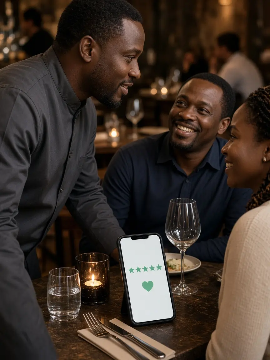 A guest’s five-star review on a phone while staff speak with the table.