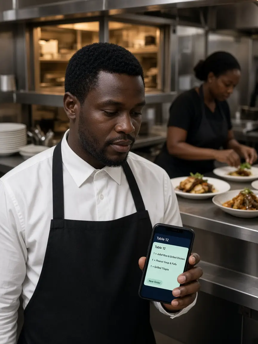 Staff checking a live table order on their phone at the kitchen pass.