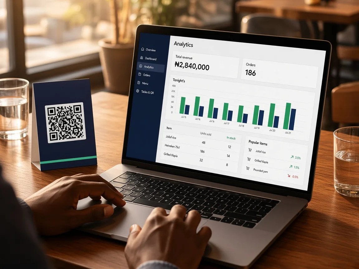 Owner dashboard showing units sold versus stock, with a table QR card beside the laptop.